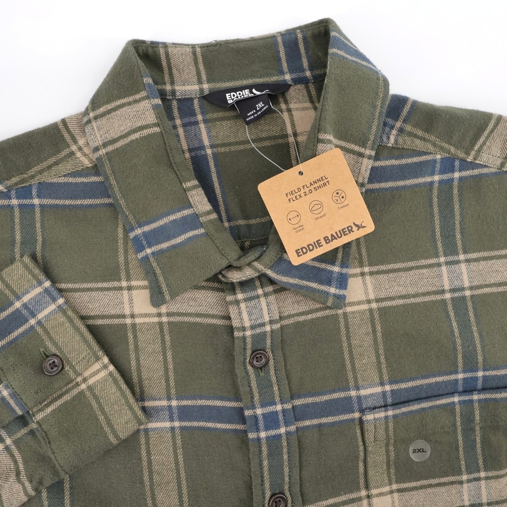 NEW Eddie Bauer Field Flannel Flex 2.0 Shirt Green Long Sleeve Mens 2XL Shirt